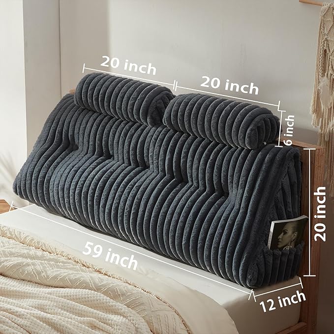 Faux Fur Headboard Pillow with 2 Pack Neck Roll Pillow Large Headboard Pillow Soft and Supportive with Removable Cover (Grey, Queen)