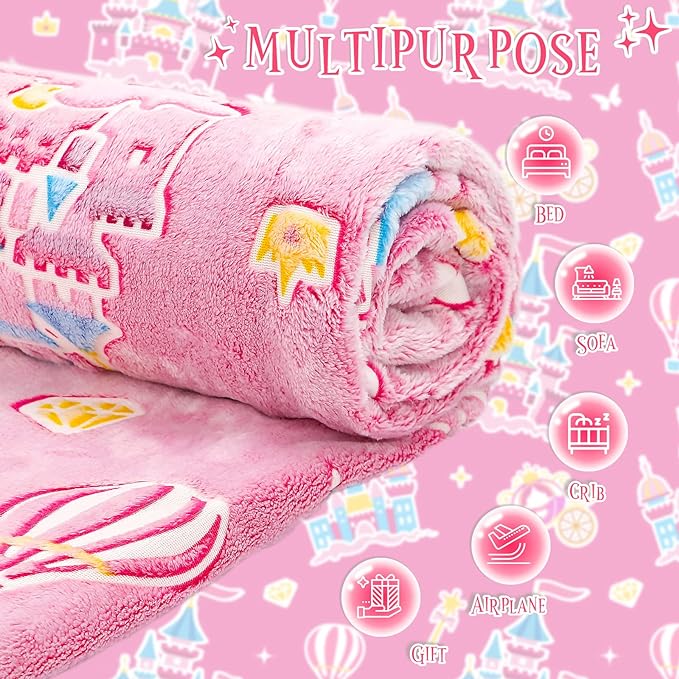 BORORO Glow in The Dark Blanket Castle Pink Blanket Birthday Gifts for Toddler Kids Girls Blankets