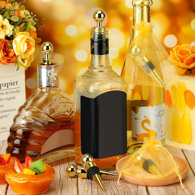 24 Pcs Gold Wine Stoppers Bulk Wine Saver Wedding Party Gifts Favors for Guests Stainless Steel Bottle Stopper Wine Corks Beverage Vacuum Silicone Stopper with Sheer Bags for Wedding Bar