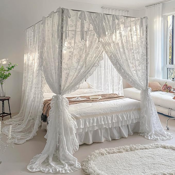 Mengersi Canopy Bed Curtains with Tie Backs,Bed Canopy Curtains Bed Drapes Sheer Curtains for Bedroom Decor（Full,White