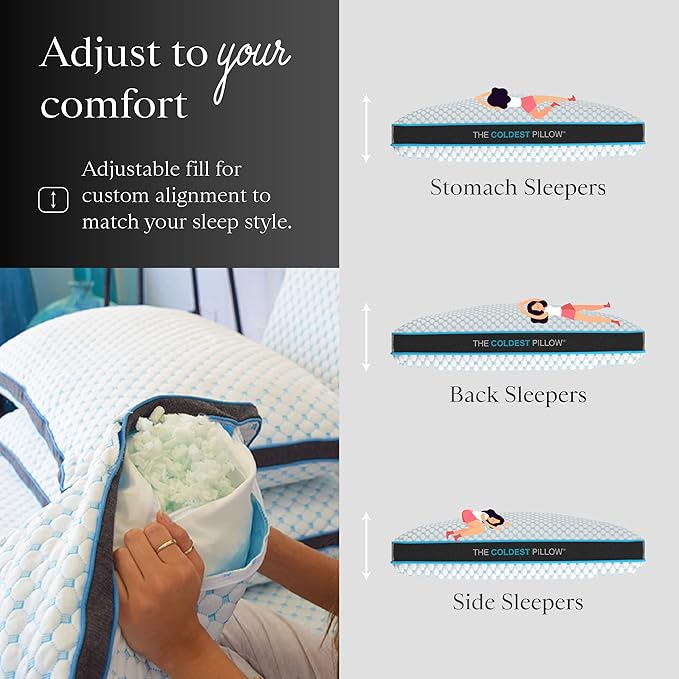 The Coldest Pillow - Adjustable Fill, Washable Cover, and Best for Breathable Cool While Sleeping -Premium (Queen)