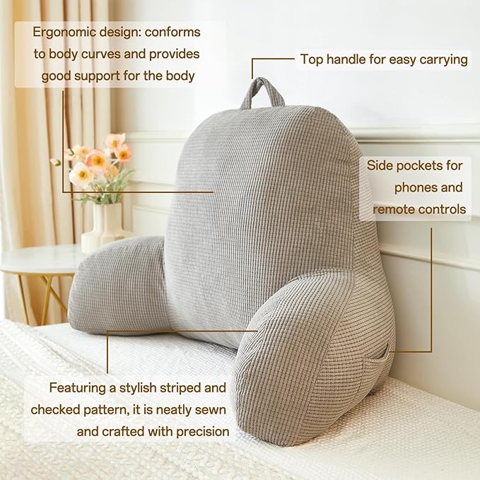 Back Pillow for Bed Sitting Up,Reading Pillow for Sitting in Bed Adult with Arm Pillow,Back Rest Pillow for Sitting in Bed with Pockets,While Gaming,Working,Watching,Standard-Gray