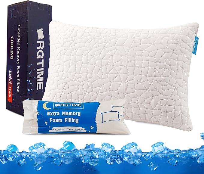 Cooling Pillows for Sleeping, Adjustable Shredded Memory Foam Pillow Standard Set of 1, Cool Pillow for Hot Sleepers, with Extra Fill for Side Back and Stomach Sleepers