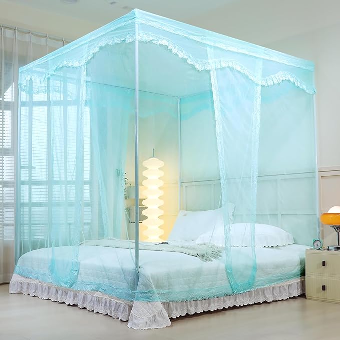 Bed Canopy, Princess Bed Curtain Net for Girls & Adults，Three-Doors Rectangle Lace Dome Netting (Green, Queen)