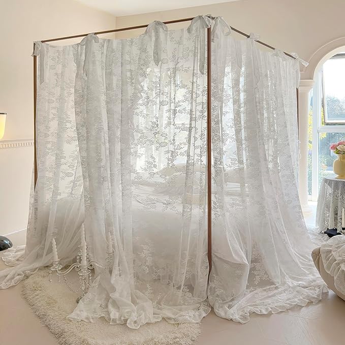 Mengersi Canopy Bed Curtains with Tie Backs,Bed Canopy Curtains Bed Drapes Sheer Curtains for Bedroom Decor（Twin,White