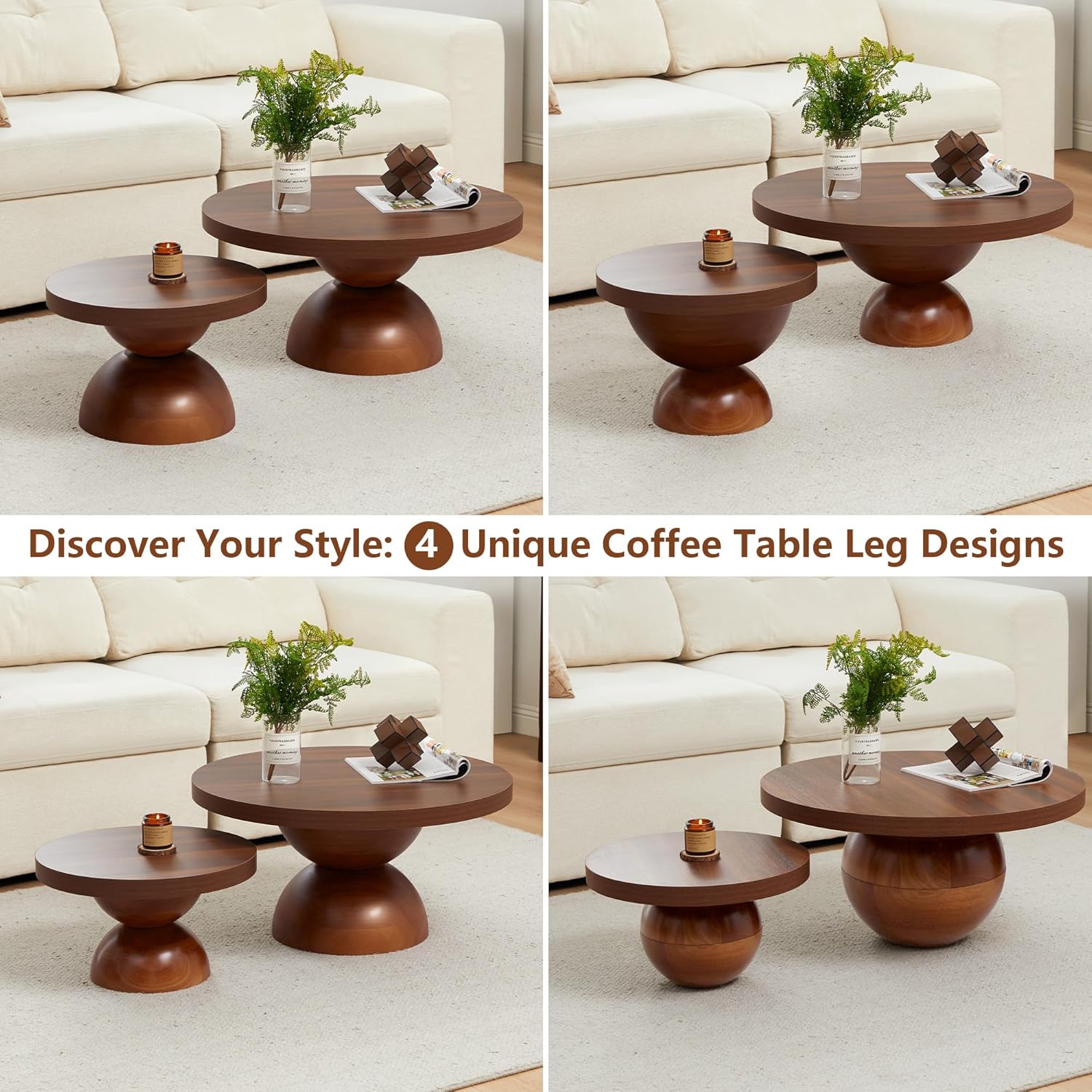 Solid Wood Round Nesting Coffee Table Set of 2, Circle Accent Tables with Unique Semi-Circular Legs, Modern Farmhouse Side End Table Set for Small Space Living Room Office (Walnut)