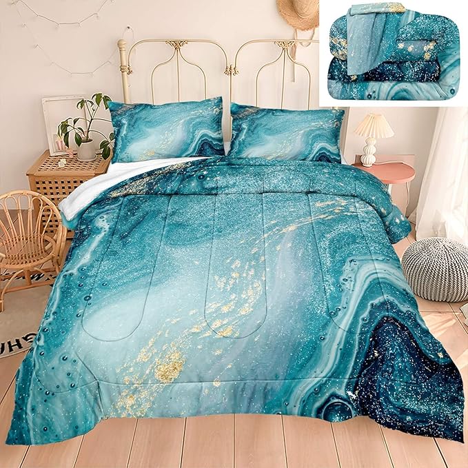 Bedbay Blue and Gold Comforter Duvet Set California King Comforter Teal Marble Bedding Comforter Set Western Bedding Watercolor Marble Abstract Art Quilt Set Bedroom Decor for Men Women(104" Wx96 L)