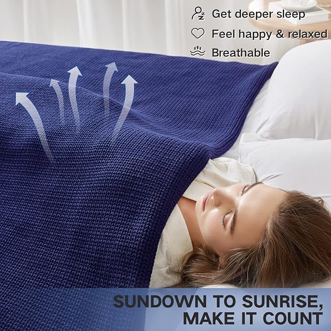 Knitted Weighted Blanket(Blue 50"x75" 20lbs),Home Décor Cooling Throw Blanket for Hot Sleepers,Hand Made Chunky Knit Heavy Blanket for Adults Use on Full Size Bed