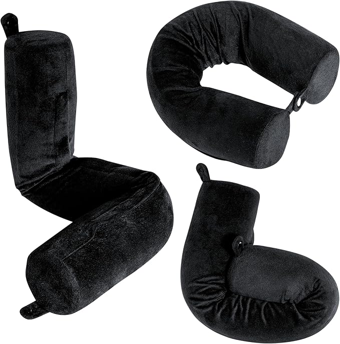 Dot&Dot Twist Memory Foam Travel Pillow for Airplanes - Travel Neck Pillow for Sleeping - Airplane Pillow for Neck Support, Chin, Lumbar and Leg - Adjustable, Bendable Neck Roll Pillow (Velvet Black)