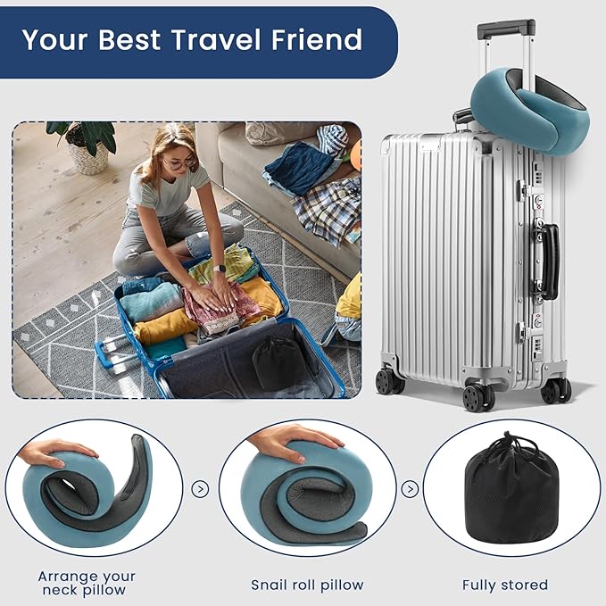 Travel Pillow, Pure Memory Foam Neck Pillow for Airplanes, Comfortable Breathable Cover, Stowable Pillows for Sleeping, Car, Airport Travel Essentials