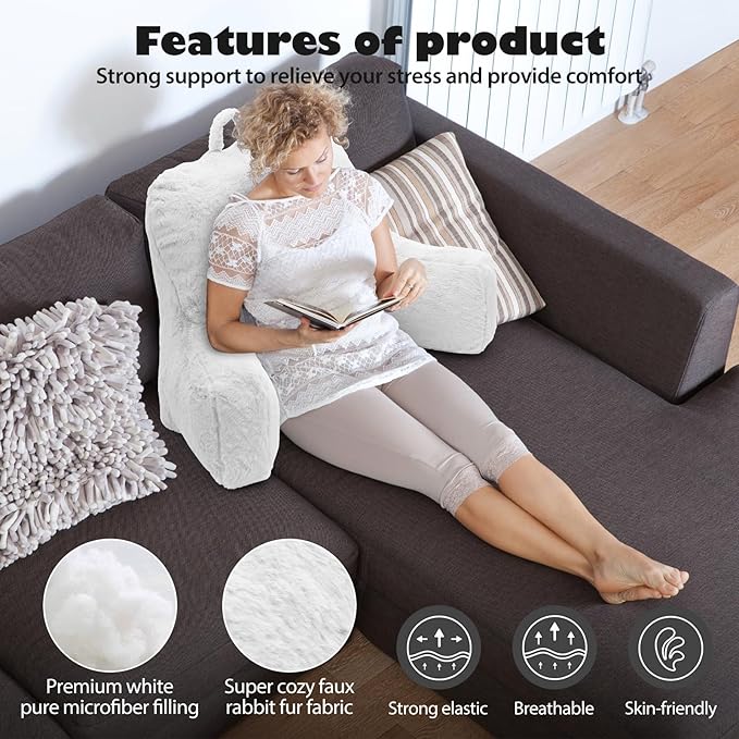 Reading Pillow Large Bed Pillow,Backrest with Arms, Back Support for Sitting Up in Bed, Couch for Lounging Bedrest,White