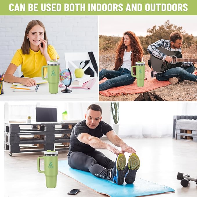 40oz stainless Steel Insulated Tumbler with Handle, lid and straw for cold water, Iced tea, or coffee - 100% Leak-Proof - Cupholder Friendly Travel Mug- Gifts for Women Men Him Her (Green)