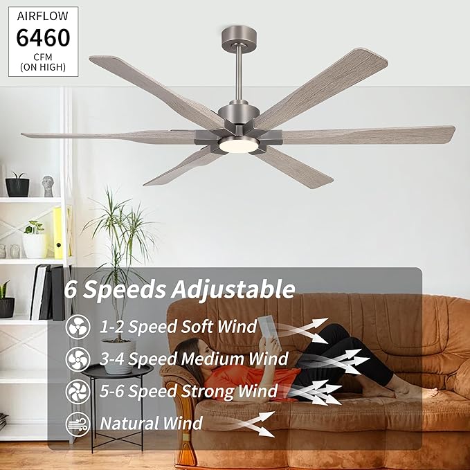 68 Inch Ceiling Fan with Lights and Remote Control, 6 Reversible ABS Blades, 6-Speed Noiseless DC Motor with 4.5" / 12" / 24" Downrods for Bedroom Dining Living Room, Antique Nickel and Gray