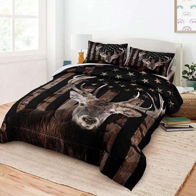 Bedbay American Flag Bed Comforter Queen Hunting Deer Bedding Boys Girls Bedroom Decor Camo Bedding Down Alternative Comforter Camouflage Quilt Set 4 Pcs Lightweight Comforter Queen(Deer,Queen)