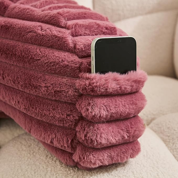 WERDIM Reading Pillow for Sitting in Bed, Faux Fur Back Pillow for Bed Rest, Bed Chair Pillow with Arms and Pockets(Large, Dusty Rose)