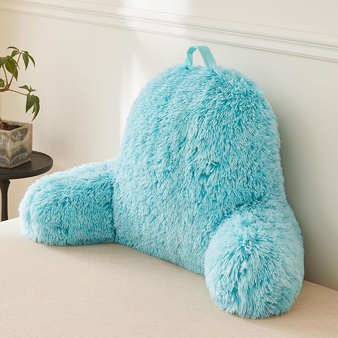XeGe Faux Fur Reading Pillow Cover (No Filler), Fluffy Back Rest Pillow Case for Bed Sitting Up, Adults Kids Gaming Shaggy Sit Up Back Support Pillow Cover with Arms for Couch Chair Car, Aqua Ombre
