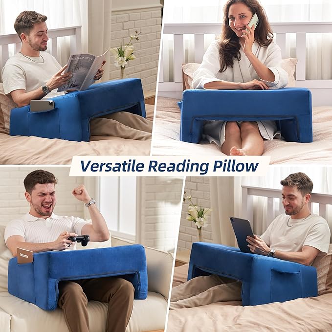 Homguava Reading Pillow Memory Lap Desk Foam Pillow for Adults Gaming Pillow Arm Rest Pillow for Reading, Crocheting, Gaming or Sitting in Bed (Blue, Large)