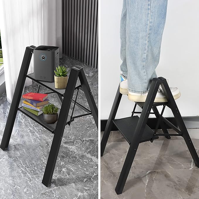 2 Step Ladder, Aluminum Folding Step Stool with Anti-Slip and Wide Pedal, for Library, Kitchen, Office, 330 lbs Capacity, Black