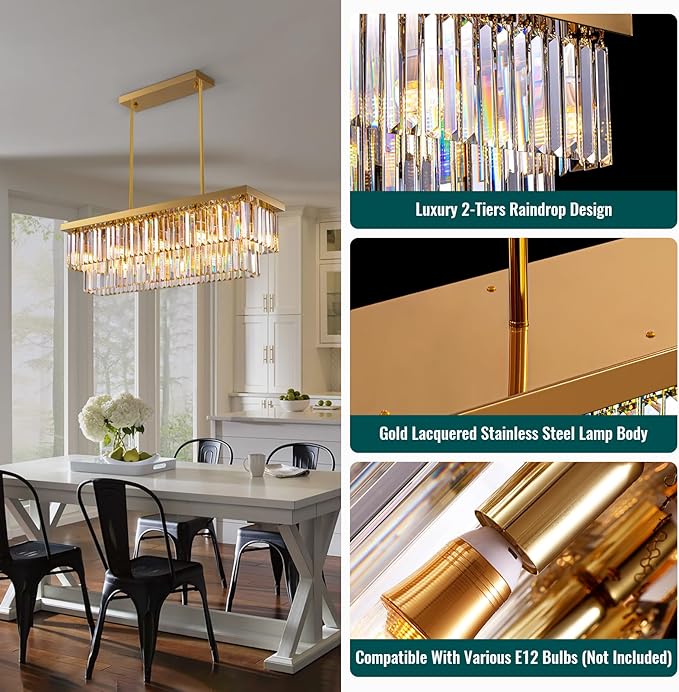 Siljoy 10 Lights Modern Crystal Chandelier Gold Rectangular 2 Tiers Crystal Raindrop Chandelier Luxury Adjustable Rectangle Flush Mount Pendant Ceiling Light for Dining Room Kitchen Island Bar L40''