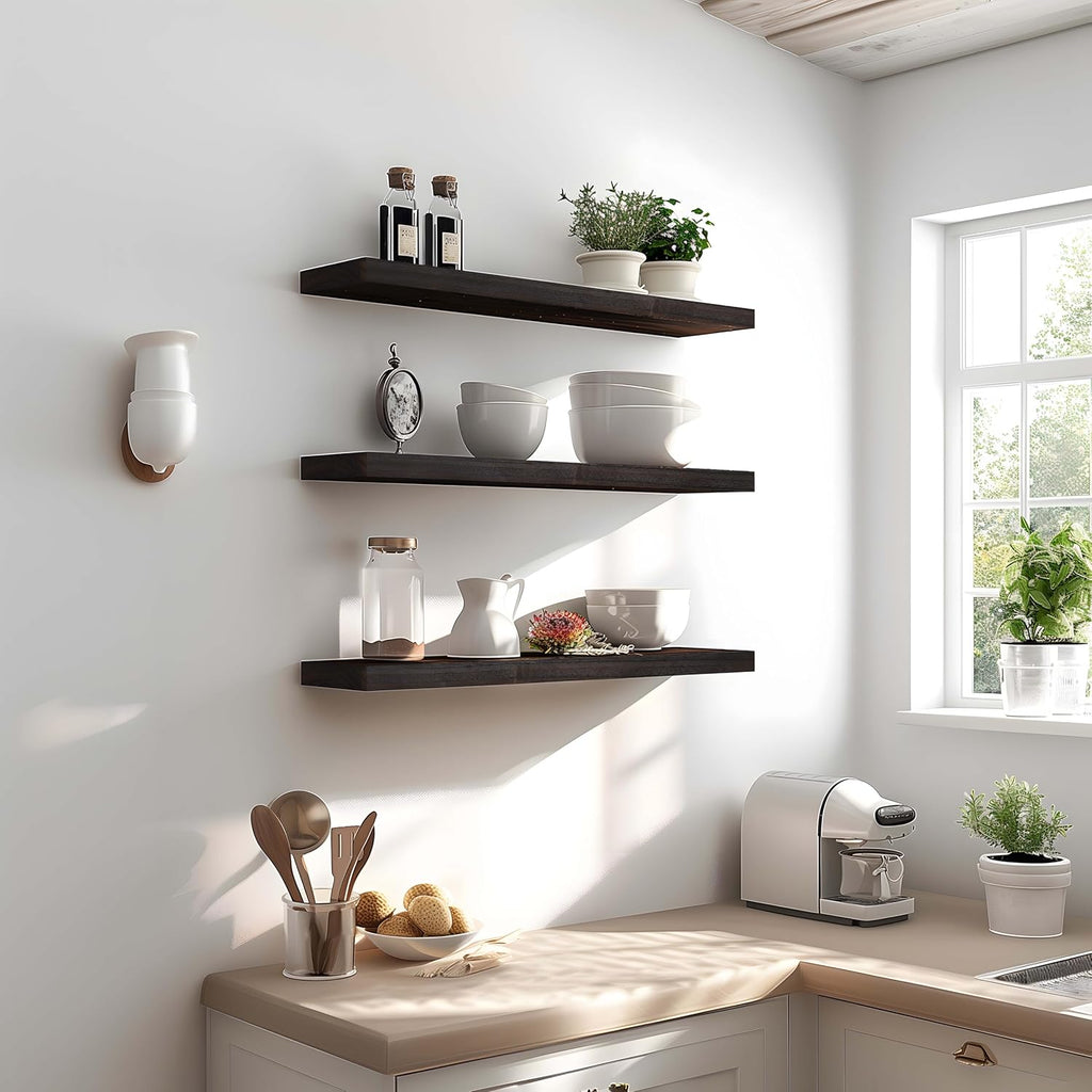 24 Inch Floating Shelves for Wall Rustic Brown Wood Wall Shelves for Bedroom Set of 4