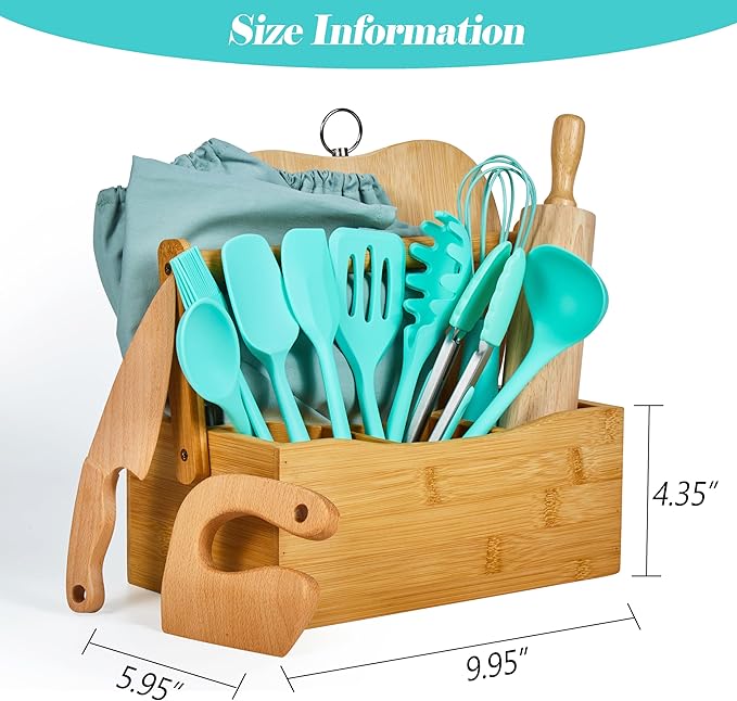 Kids Cooking & Baking Sets Real Little Chef Cooking Utensils Kitchen Set Gifts for Girls Boys Juniors with Utensils Cutting Board Kids Safe Knife Rolling Pin Apron Carrying Basket (Mint Green)