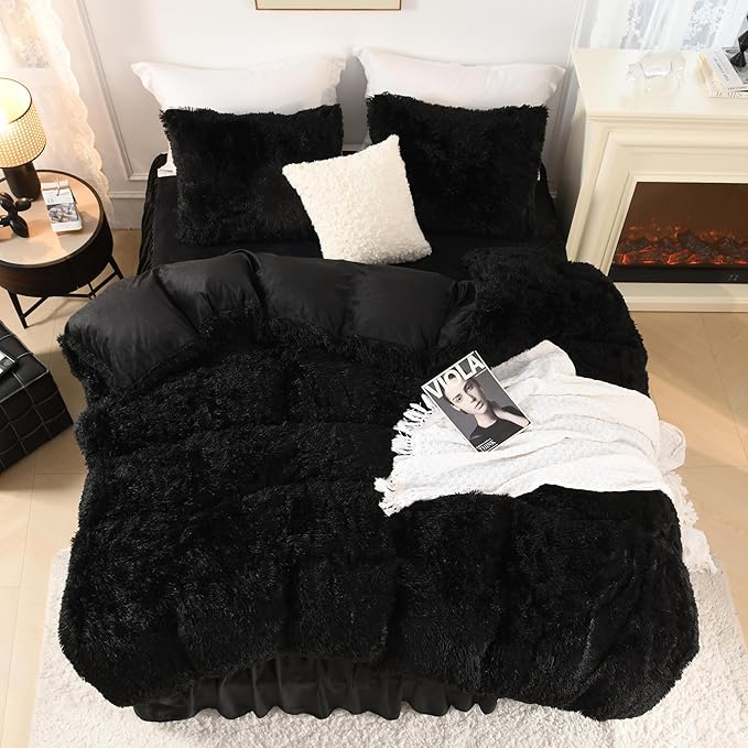 Litanika Black Fluffy Comforter Queen, Luxury Fuzzy Plush Faux Fur Bedding Set for Queen Bed, Ultra Soft Velvet Warm Comforter 3 Pieces(1 Shaggy Comforter 90×90 Inch, 2 Pillowcases)