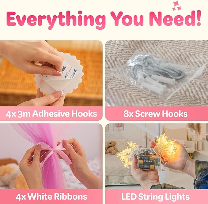 Canopy Bed Curtains with Lights, Twin Princess Bed Canopy For Girls, Pink & Purple | Fits Twin & Twin XL | Bed Curtains From Ceiling Or Bed Frame, Bed Curtains, Bed Canopies & Drapes, Princess Canopy