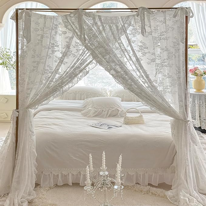 Mengersi Canopy Bed Curtains with Tie Backs,Bed Canopy Curtains Bed Drapes Sheer Curtains for Bedroom Decor（King,White