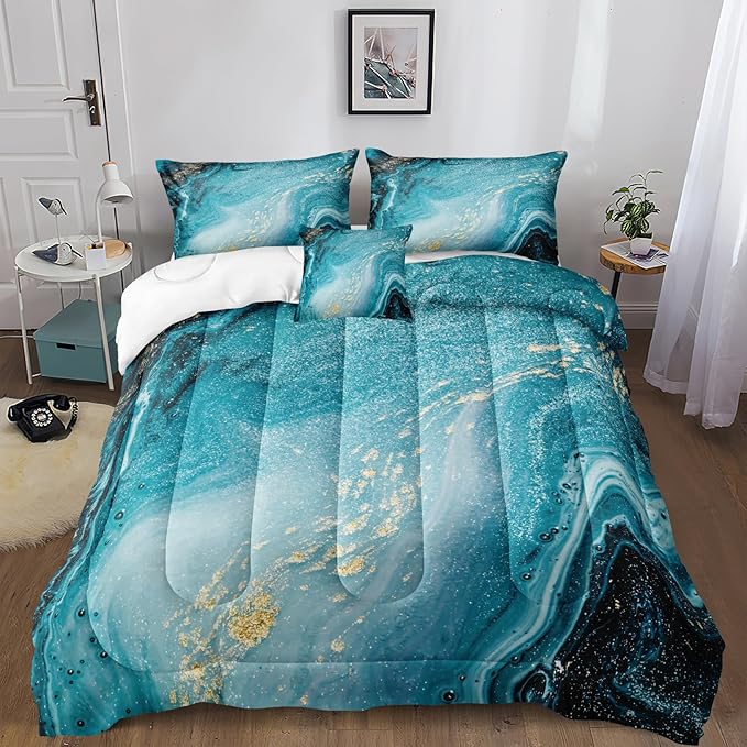 Bedbay Blue and Gold Marble Bedding Comforter Set Queen Size Teal Bedding Boys Girls Queen Duvet Set 4 Pcs Modern Marble Texture Quilt Set Bedroom Guest Room Decor Soft and Lightweight(Blue,Queen)