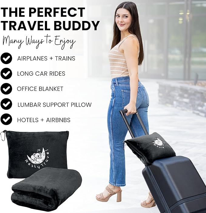 Resty Travel Blanket - Compact Airplane Blanket with Bag - Small and Lightweight Traveling Blanket & Pillow - Portable Blankets with Carabiner for Easy Transport - Plane Train Car (Onyx Black)