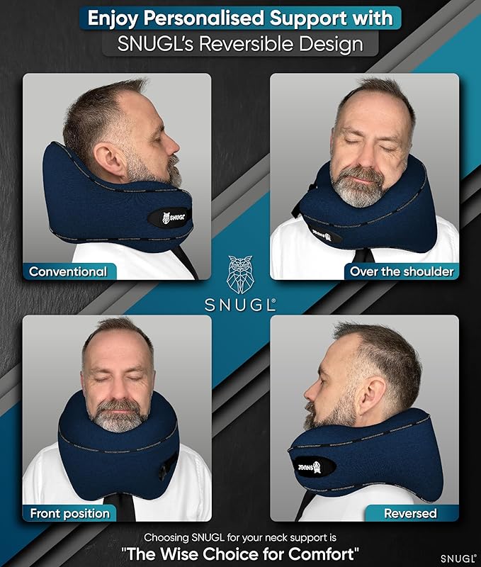 SNUGL Neck Travel Pillow - Memory Foam Airplane Pillow - Flight Pillow | Neck Support Travel Pillow with Carry Bag & Clip | Neck Pillows for Sleeping Travel Plane | Flying Travel Essentials - Navy