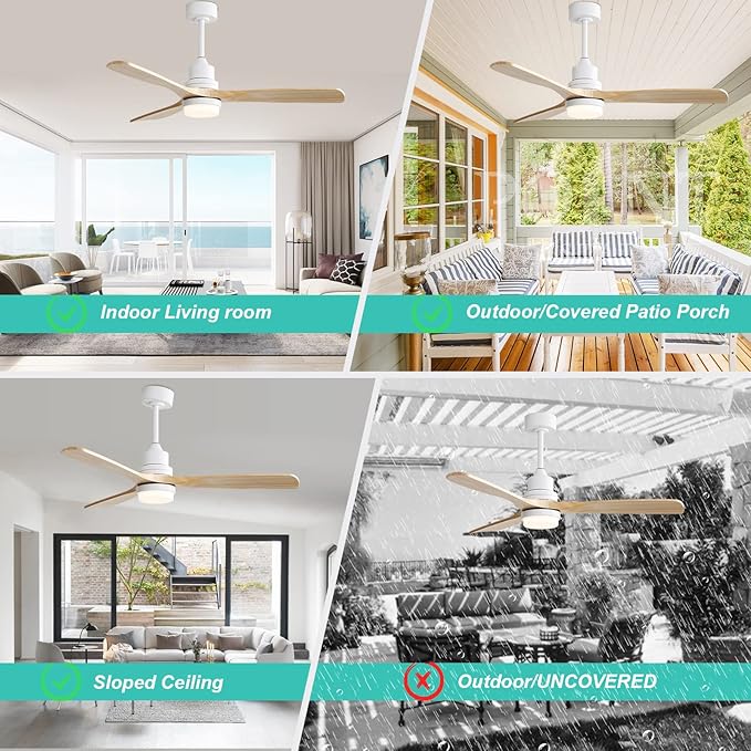 Sofucor 52" Ceiling Fan with Lights and Remote Control, Indoor Outdoor Mordern Wood Ceiling Fan with Reversible Quiet DC Motor, 6 Speed, 3 Downrods, for Farmhouse Bedroom Patio Balcony