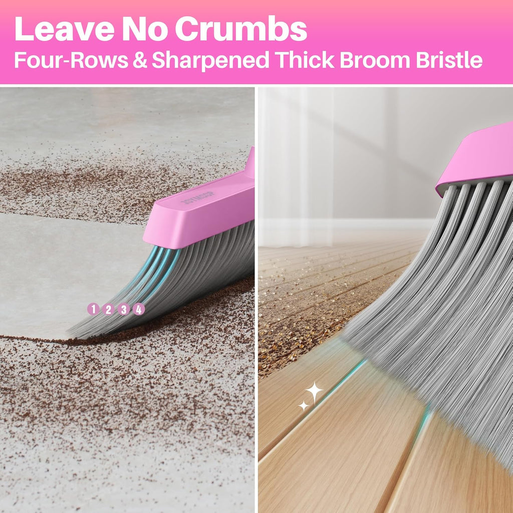 JOYMOOP Pink Broom and Dustpan Set with 56” Handle, Upright Angle with Built-in Comb Teeth for Hardwood Floors and Pet Hair
