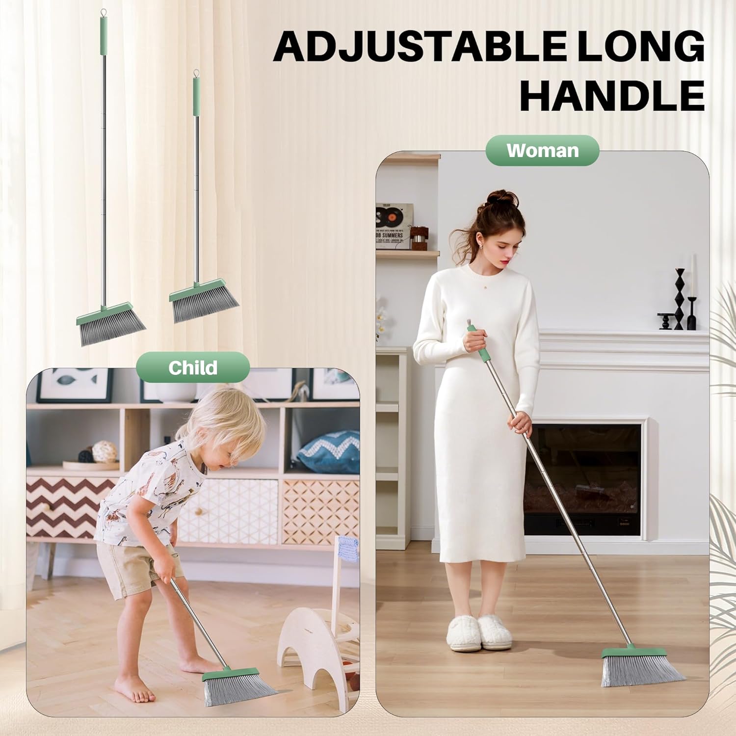 JOYMOOP Dark Teal Green Broom and Dustpan Set with 56” Handle, Upright Angle with Comb Teeth for Pet Hair and Hardwood Floors