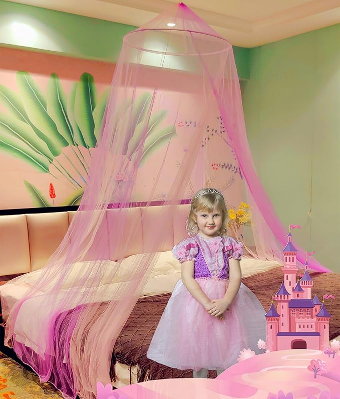 Eimilaly Two-Tone Bed Canopy Mosquito Net Pink Purple with Warm Lights, Bed Canopy for Girls Room Decor, Single Door
