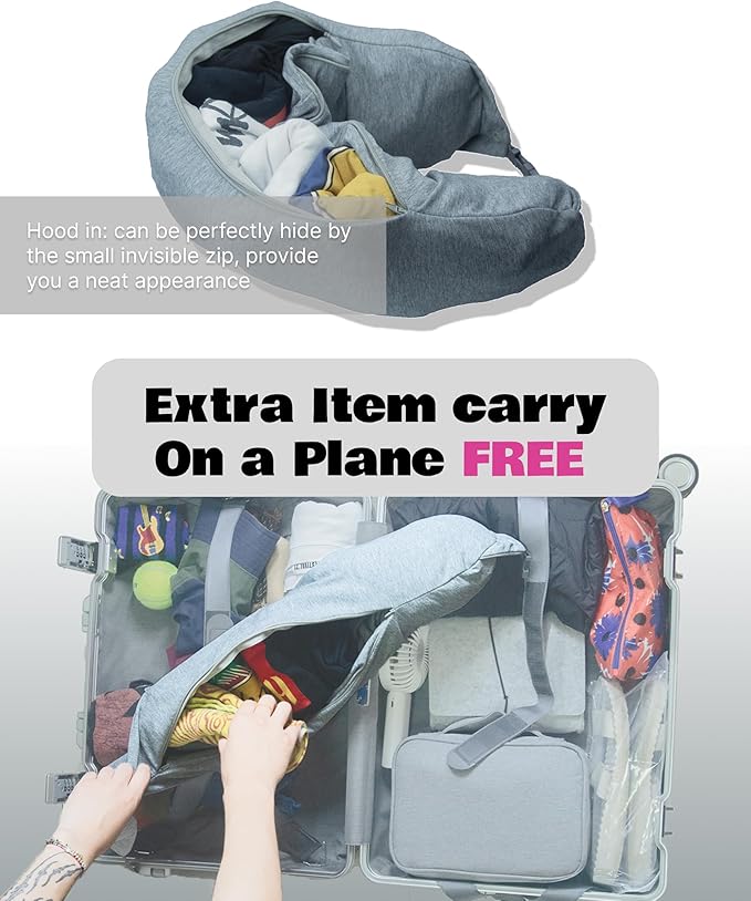Stuffable Travel Pillow Holds Extra Cloth,Light Blocking 2-Way Hood, Collapsible Cotton Neck Pillow for Airplane Train and Long Trip Carry (Gray)