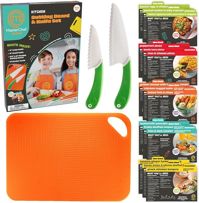 Knife and Cutting Board Set - Includes Real Cutting Tools for Kids and 15 Cooking Childrens Baking Recipes - Great for Homemade Cooking Party, Birthday Activity