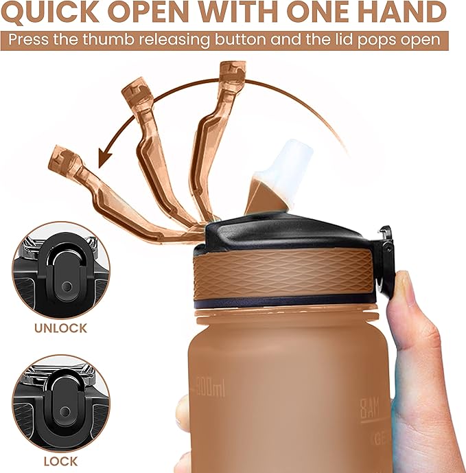 32oz Large Water Bottle with Motivational Time Marker - Sport Style with Deluxe Sip-Gulp Lid, Durable Tritan Plastic, Food Grade, Dishwasher Safe, Carry Strap (Orange-Green)