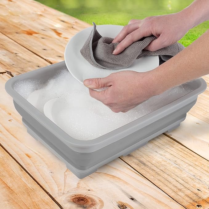 Set of 2 Multipurpose Wash Bins – 10-Liter Basins for Camping, Parties, or Cleaning – Collapsible Bucket Set by Wakeman (Gray)