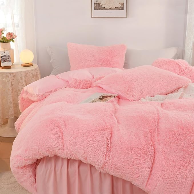 Litanika Fluffy Pink Comforter King Size, Luxury Shaggy Faux Fur Bedding Set Cute for Women Girls, Ultra Soft Velvet Plush Comforter King Bed 3 Pieces(1 Fuzzy Comforter 104×90 Inch, 2 Pillowcases)