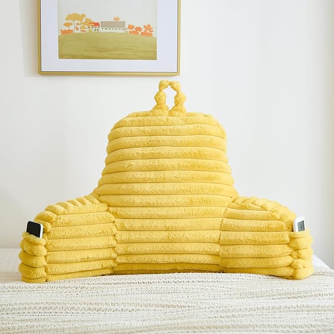 Faux Fur Fluffy Yellow Reading Pillow with Pockets, Luxury Striped Plush Decorative, Arm Rests and Back Surport for Bed Rest, Lounging on Sofa, Large