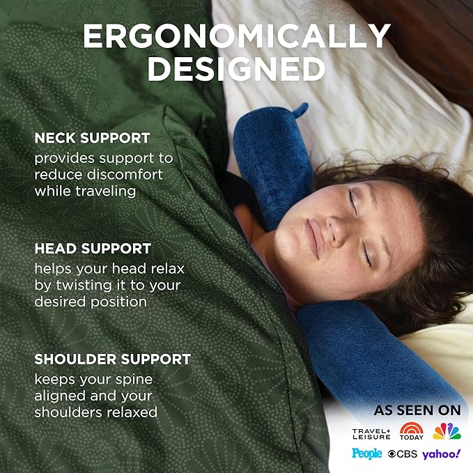 Dot&Dot Twist Memory Foam Travel Pillow for Airplanes - Travel Neck Pillow for Sleeping - Airplane Pillow for Neck Support, Chin, Lumbar and Leg - Adjustable, Bendable Neck Roll Pillow (Velvet Blue 1)