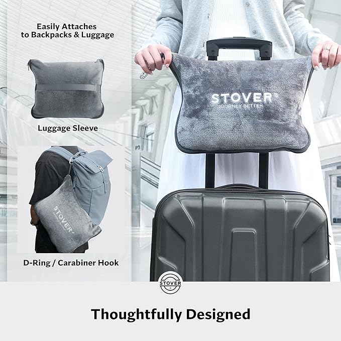 STOVER 2-in-1 Combo Airplane Travel Blanket & Pillow Bag- Lightweight, Compact, Packable, Warm Premium Fleece Set for Long Flights- w/Luggage Sleeve & Backpack Clip- for Men, Women & Families (Grey)