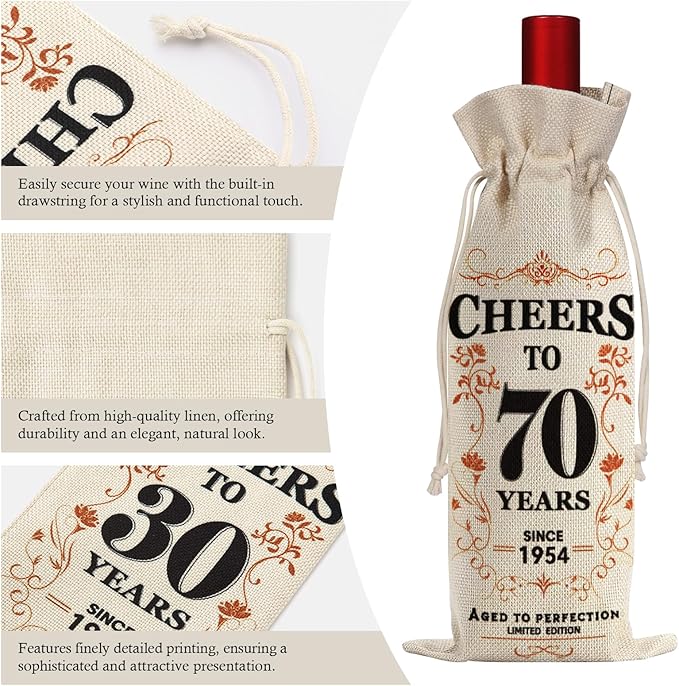 2Pcs 70th Birthday Gifts for Women Men Back in 1954 Birthday Gift 70 Years Old Gift Birthday Decoration Wine Bag Gift for Her Him Wine Gift Bag 70th Turning 70