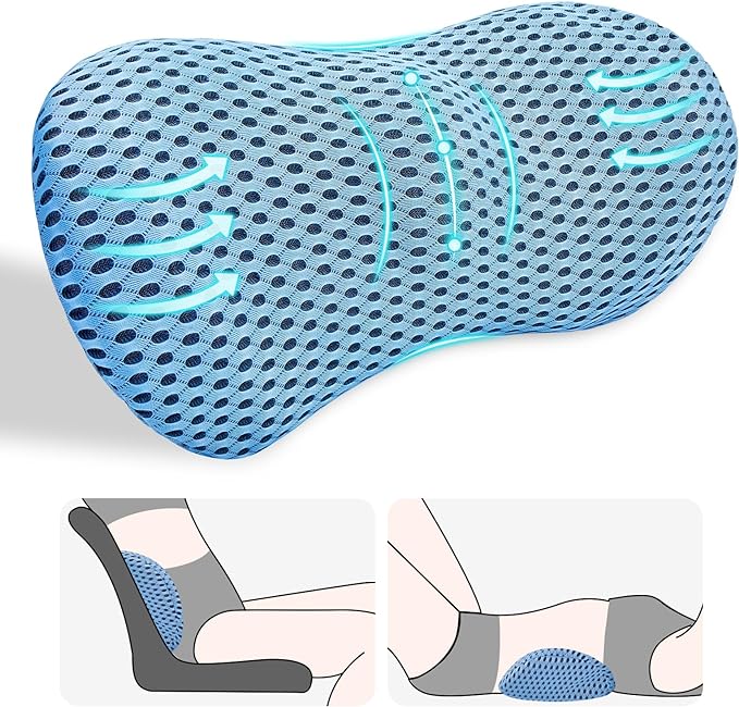 Lumbar Support Pillow, Back Pillow for Low Back Pain Relief, Ergonomic Streamline Car Seat, Office Chair, Recliner and Bed (Blue)