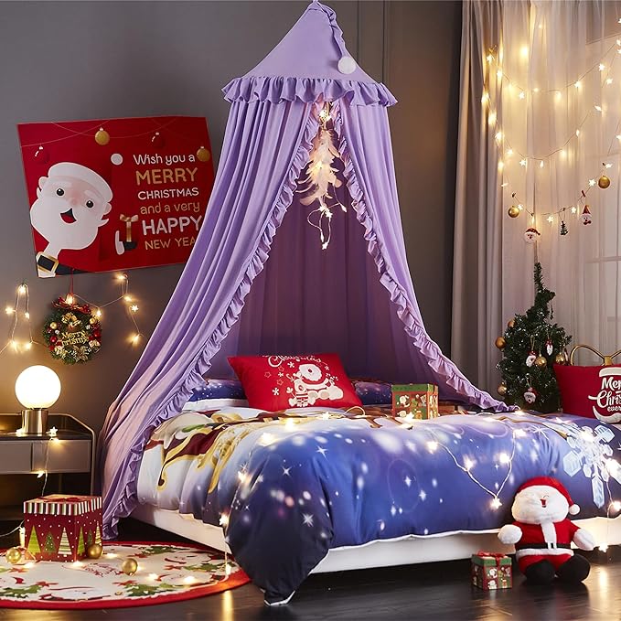VETHIN Bed Canopy for Girls Kids,Princess Round Dome Children Dreamy Mosquito Net Bedding Girls Room Castle Play Tent Hanging House Decor Reading Nook Canopies (Purple)