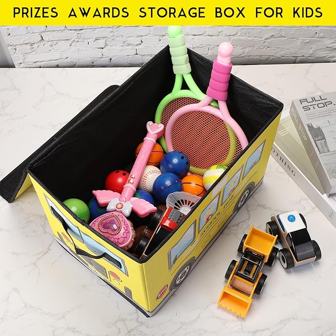 4 Pcs Prize Box for Classroom, School Bus Treasure Box Kids Foldable Chest Storage Box Kids Toy Chest with Lid Treasure Storage Organizer Bin for Kids Teachers Toy Prizes Awards for Students