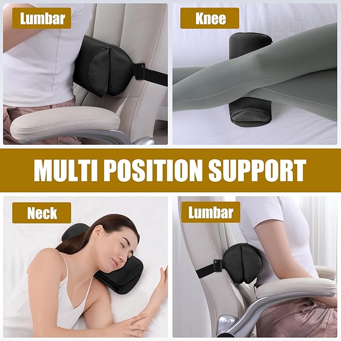 MABOZOO Foldable Lumbar Roll Pillow, Mesh 2 Semi-Circular Back Support Cushion with Adjustable Strap, Portable Cervical Cushion Support Pillow Leg Pillow for Head, Neck Back and Legs(Black)
