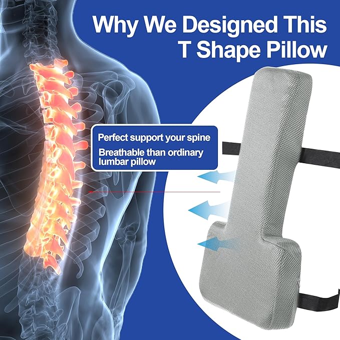 HOMBYS Lumbar Support Pillow for Office Chair with Seat Cushion, T Shape Backrest Pillow Improved Sitting Posture and Upper/Lower Back Pain Relief for Desk Chairs, Car Seats and Airplanes, Light Grey
