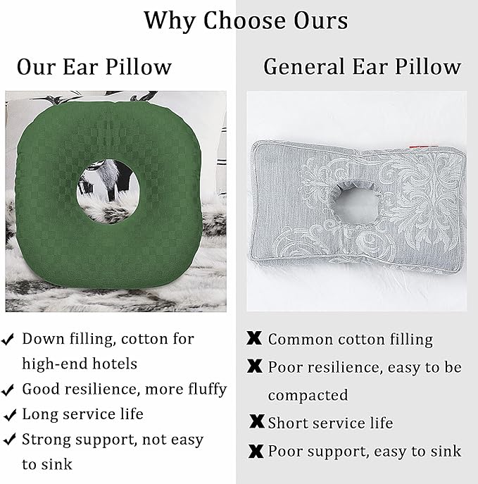 Ear Piercing Pillow for Side Sleepers, Pillow with an Ear Hole for CNH and Ear Pain Ear Inflammation Pressure Sores, O-Shaped Side Sleeping Pillow, Ear Guard Pillow(Dark Green)